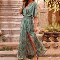 Elegant Deep V Neck Half Sleeve Fashion Casual Graphic Printing Slit Party Maxi Dress