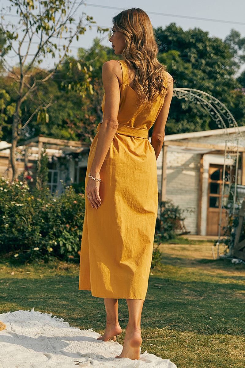 Beach Style High Waist Button Elegant  Maxi Dresses