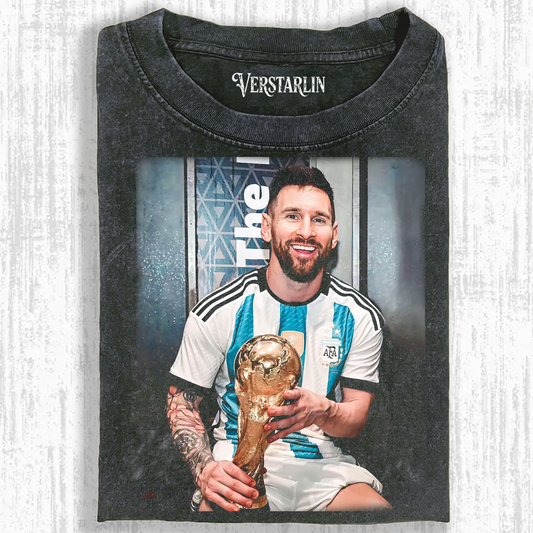 Lionel Messi Argentina World Cup Trophy Vintage Tee