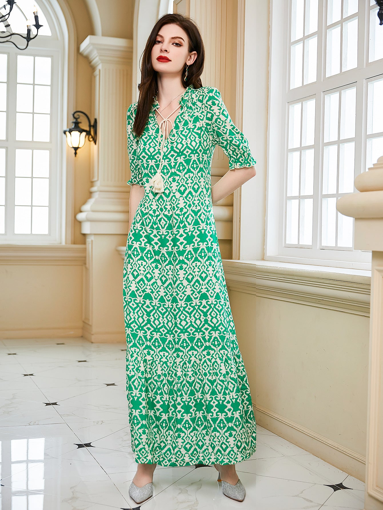 Fashion Women's Sexy V Neck Elegant Prom Print Casual Maxi Dress