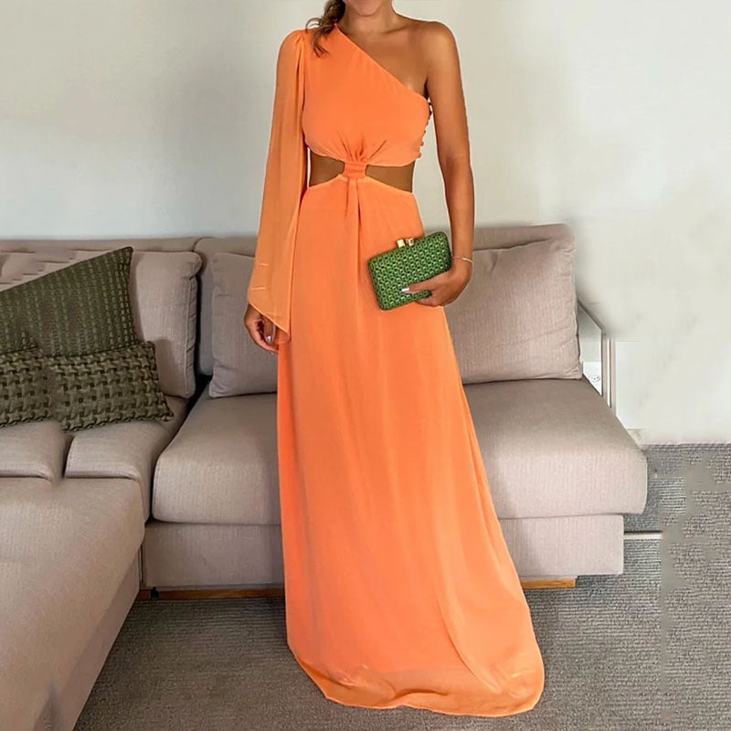 Summer Sexy Fashion Solid Color Slanted Shoulder Long Sleeve Pleated  Maxi Dress