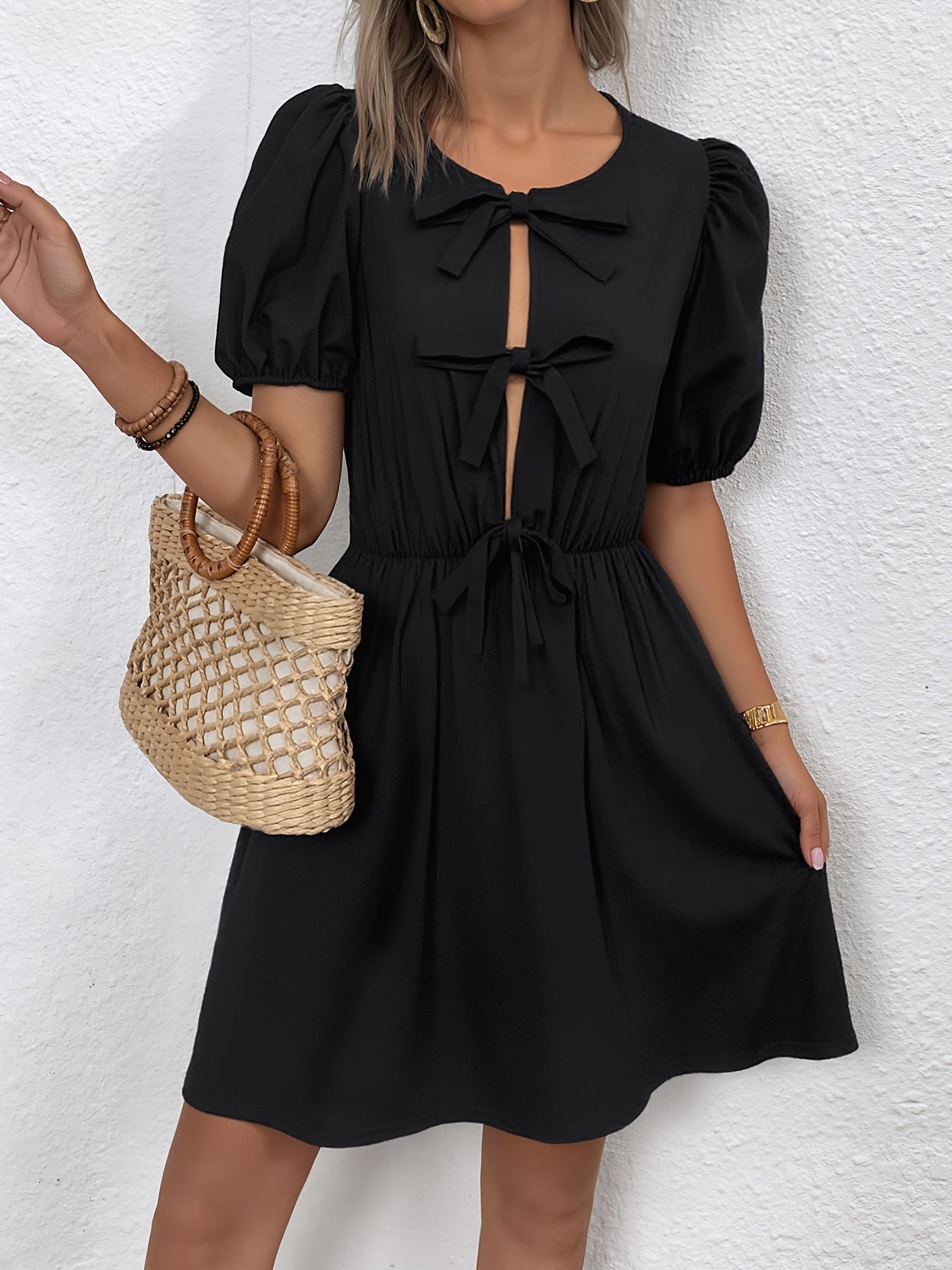 Women'S Summer Black A-Line Dress with Bow Detail - Short Sleeve, Round Neck, Casual & Breathable, Perfect for Beach, Picnic, Office, Casual Attire|Bow Detail Dress|Short Sleeve Dres
