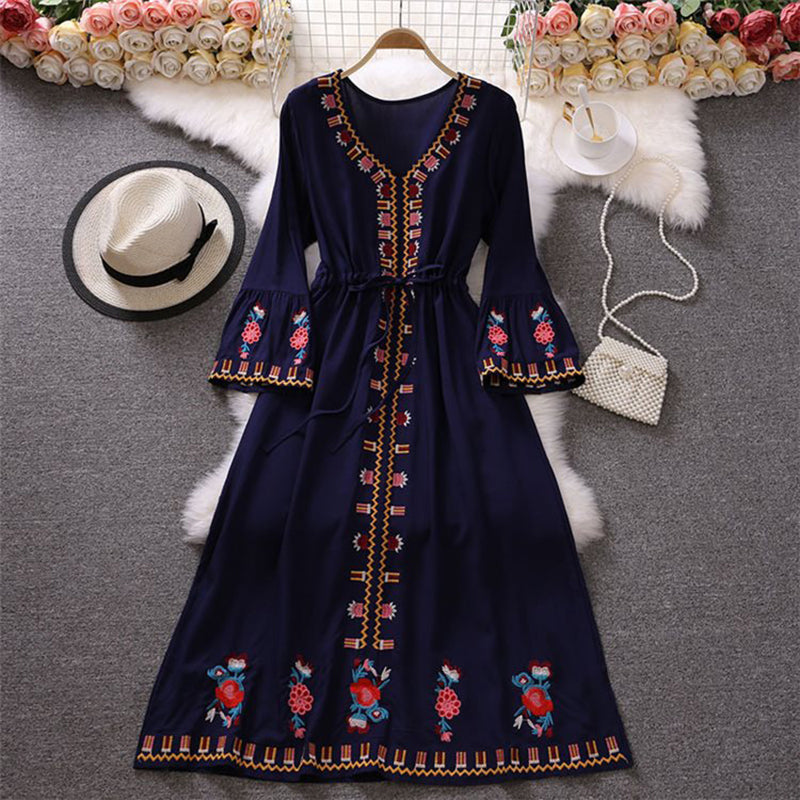 Summer Retro Fashion Elegant Embroidered V-neck A-line Holiday Swing Maxi Dress