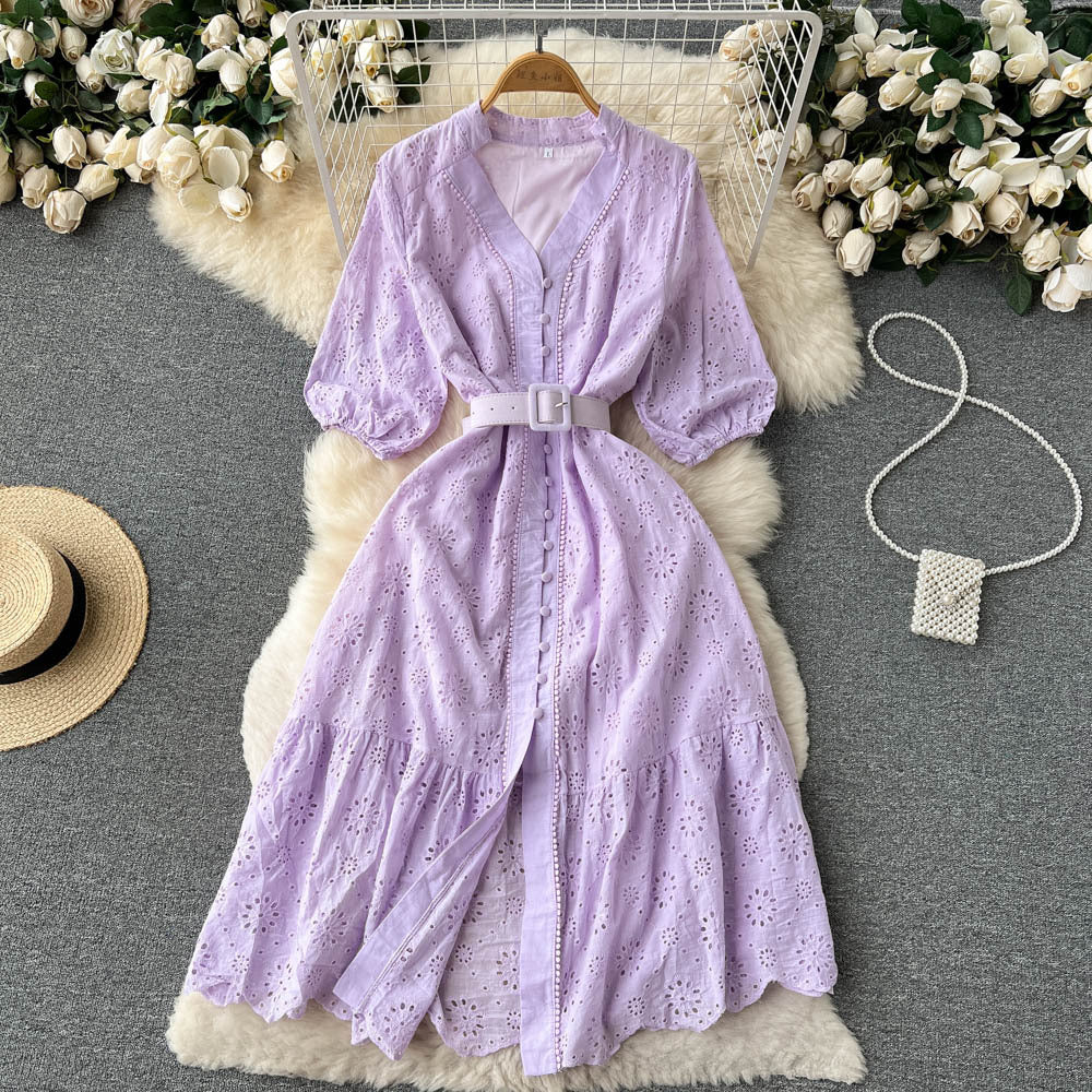 Women's Elegant V Neck Button Ruffle Puff Sleeve Fashion Maxi Dress