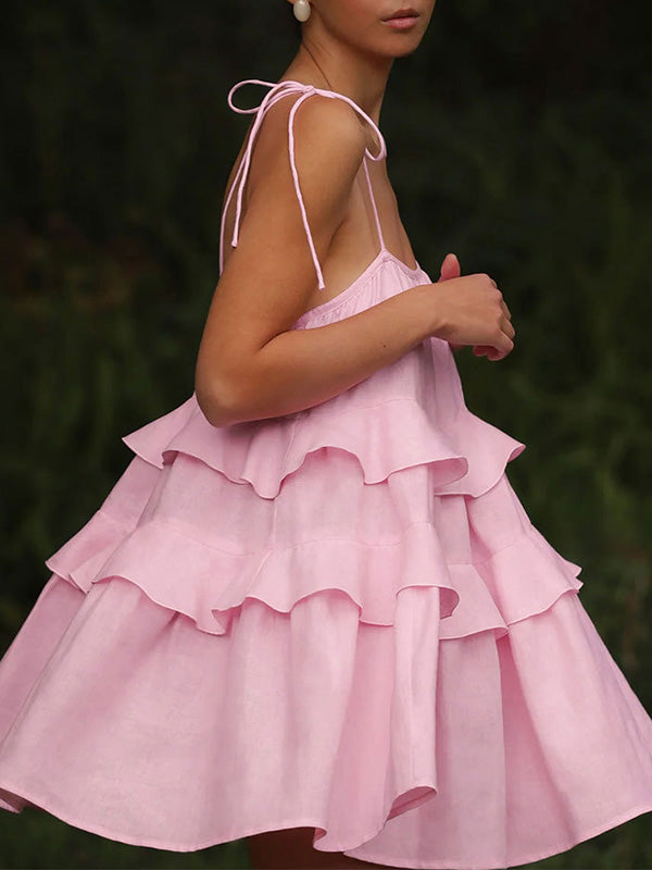 Solid Color Pleated Layered Backless Sleeveless Loose Spaghetti-Neck Mini Dresses