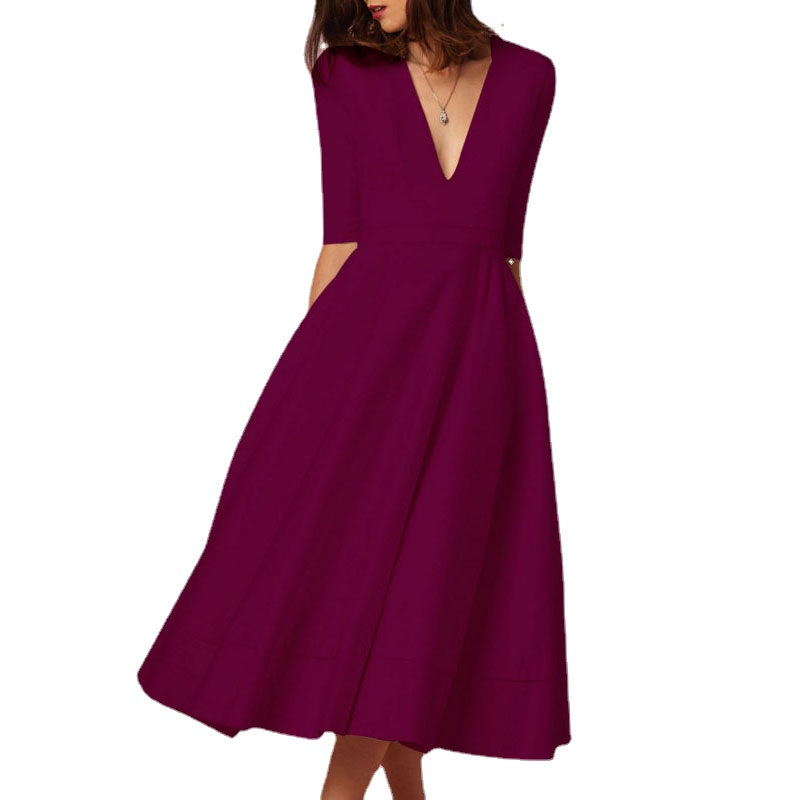 Deep V Neck Party Half Sleeves Sexy Solid Elegant Office Vintage A-Line Dress