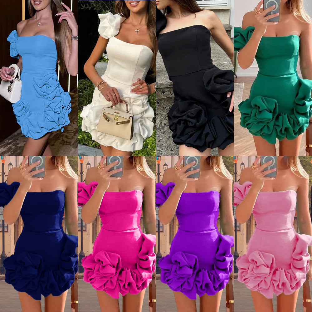 Women's Strapless Sleeveless High Waist Solid Color Dress with Ruffle Edge Flower Bud Waist Design