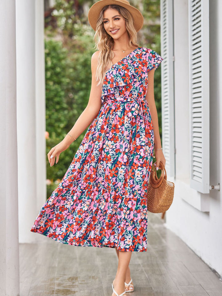 Women's Fashion Floral Ruffles Slanting Shoulder Sexy  Swing  Maxi Dress