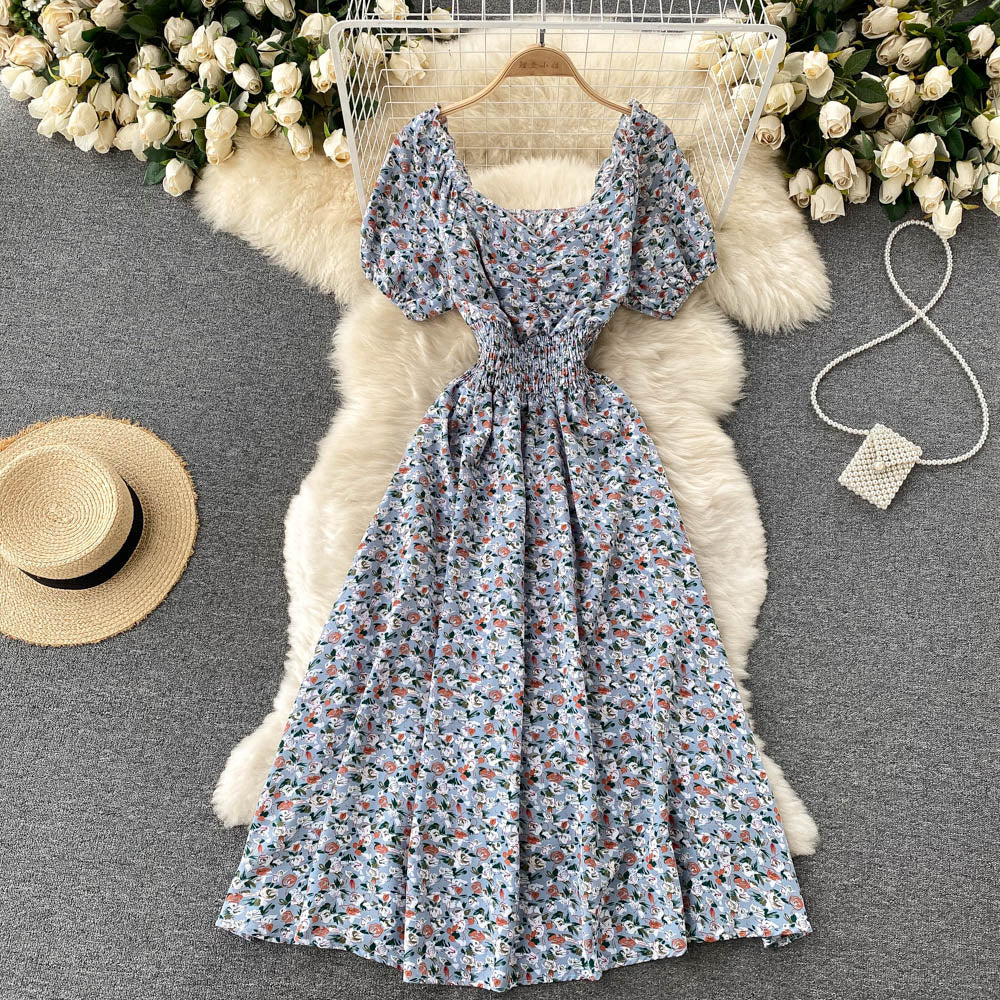Women's Fashion V Neck Puff Sleeve Floral Print Casual Maxi Dress
