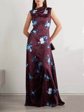 Asymmetrical Floral-Print Satin Maxi Dress