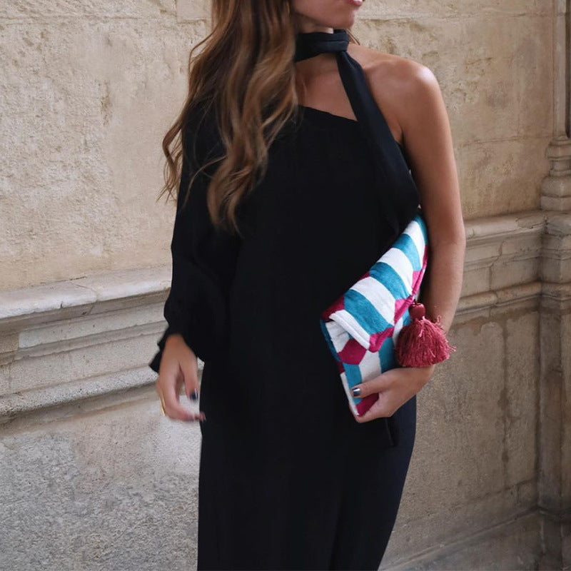 Women's Fashionable Pure Color Slanted Shoulder Sleeve Maxi Dresses