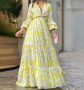 Women's Fashion Printed V-neck Bell Sleeve Long Sleeve Casual Maxi Dress