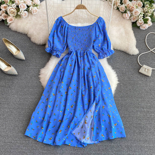 Fashion Floral Summer Square Neck Puff Sleeve Slit Slim Pleated Maxi Dress