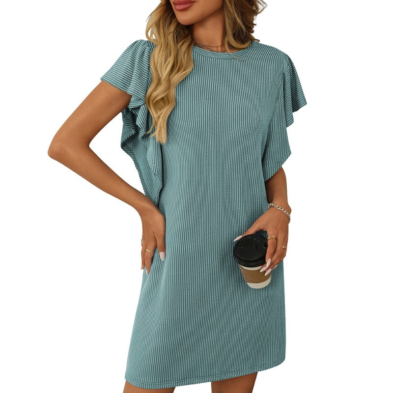 2025 Women's Color Block Twist Detail Dress - Round Neck Ruffled Sleeve Striped Short Dress for Vacation