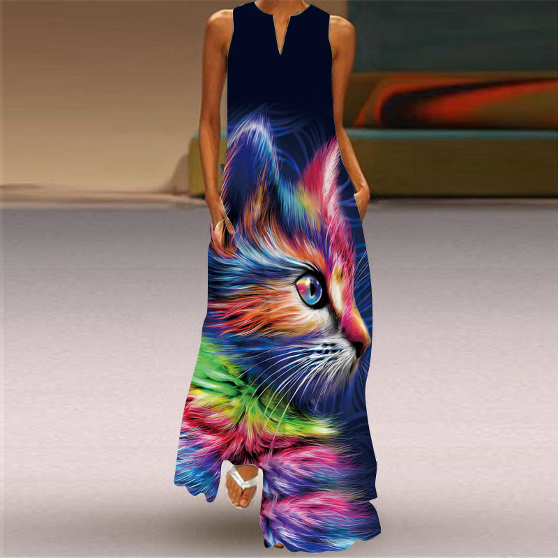 Women's Retro Print V-neck Multicolor Sexy Sleeveless  Maxi Dress
