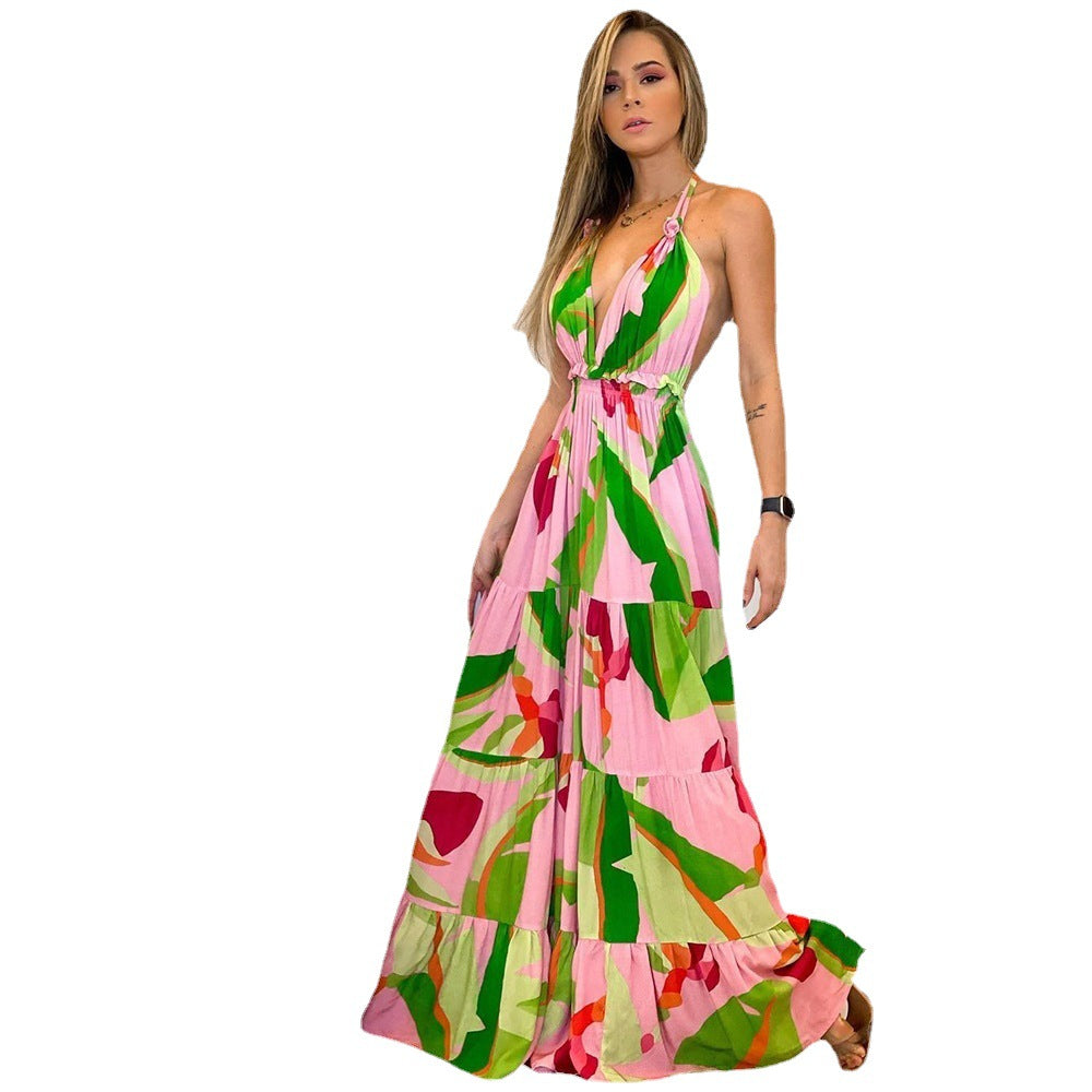Women's Deep V Backless Party Fashion Bohemian Floral Sling Maxi Dress