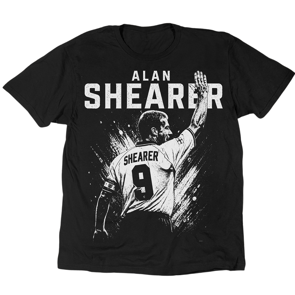 Alan Shearer T-Shirt mit einer Hand in der Luft