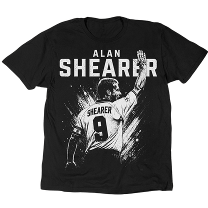 Alan Shearer T-Shirt mit einer Hand in der Luft