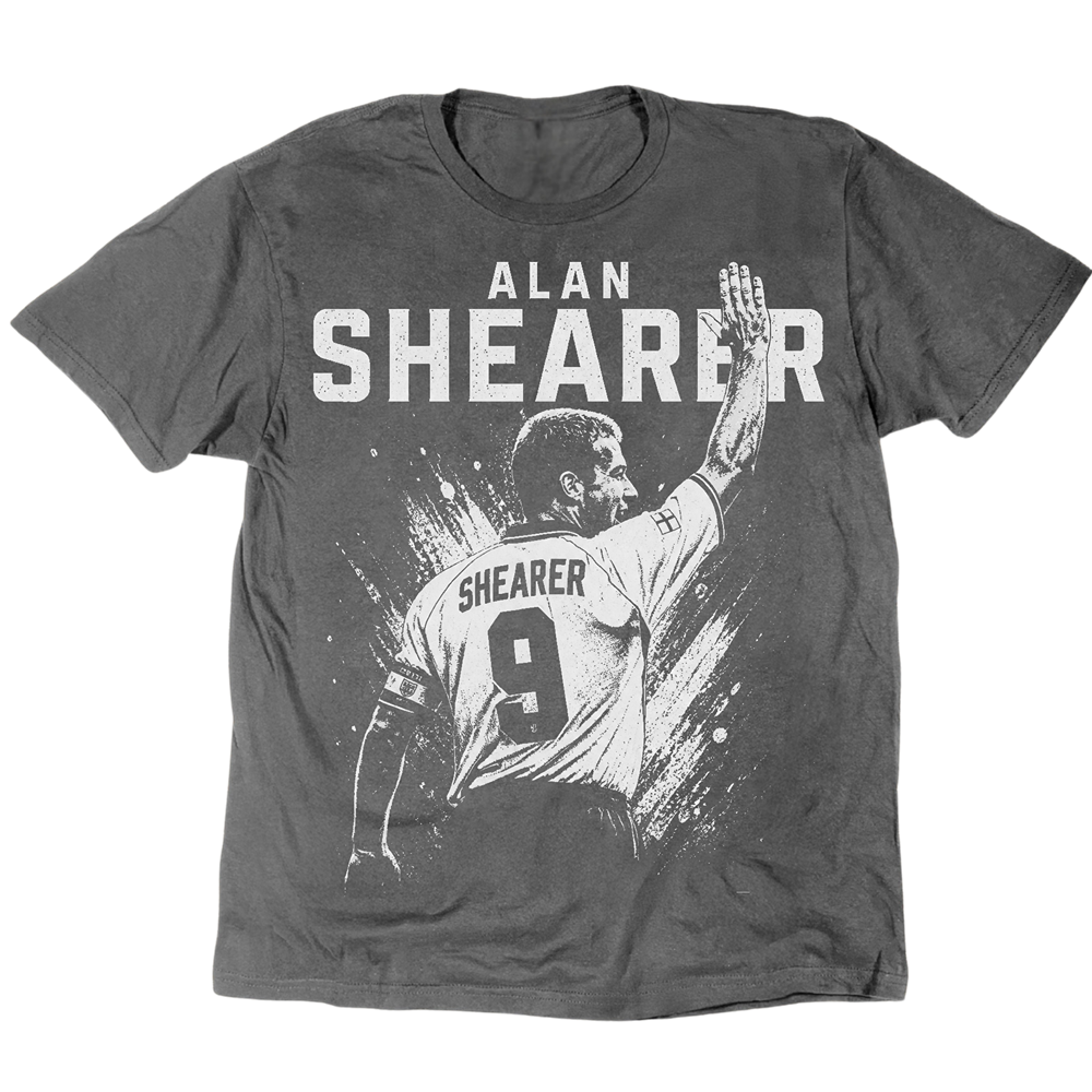 Alan Shearer T-Shirt mit einer Hand in der Luft