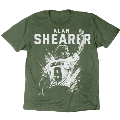 Alan Shearer T-Shirt mit einer Hand in der Luft