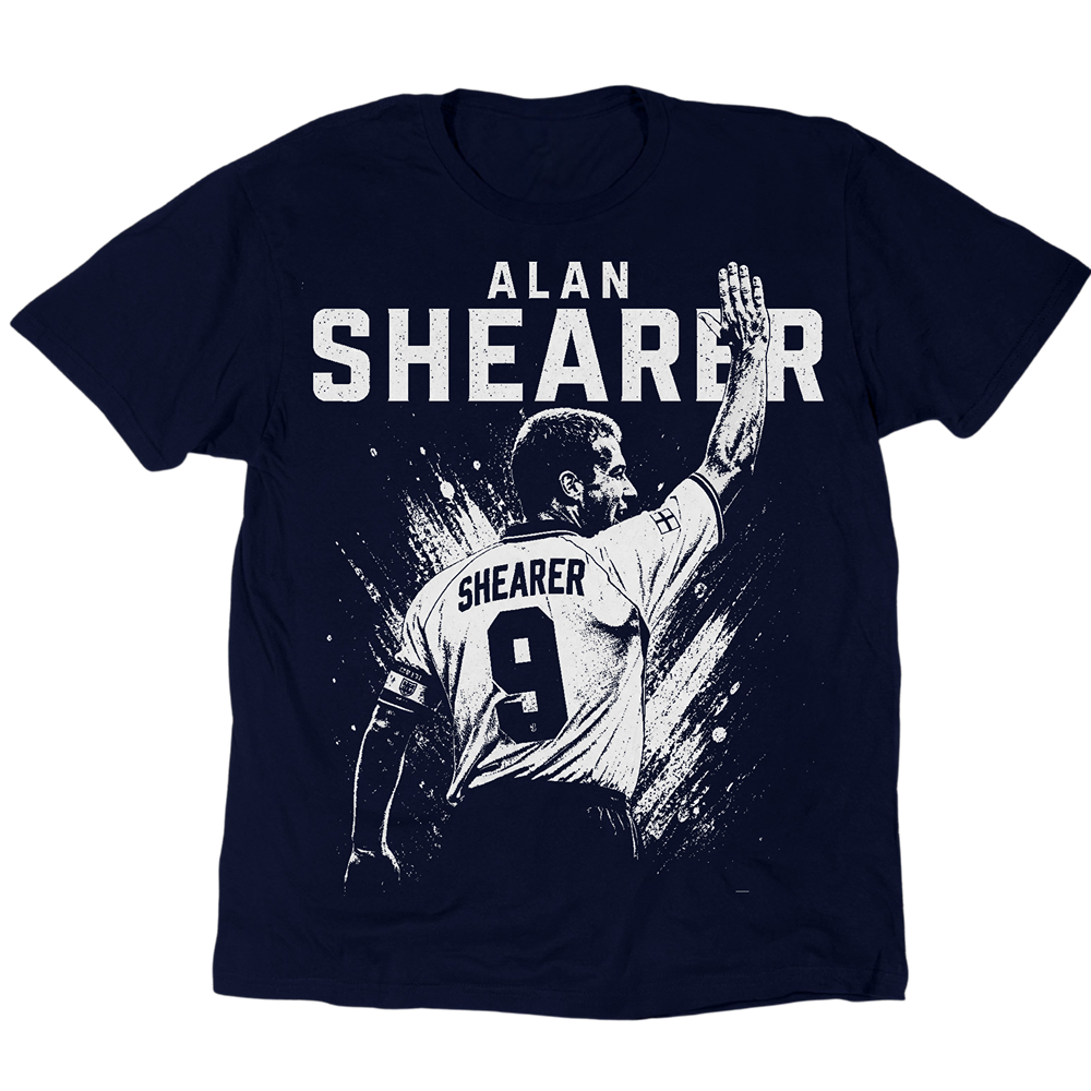 Alan Shearer T-Shirt mit einer Hand in der Luft