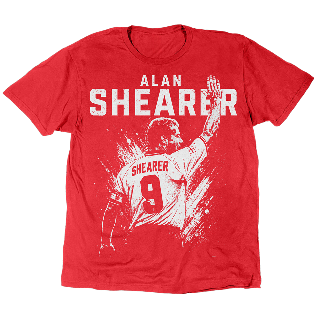 Alan Shearer T-Shirt mit einer Hand in der Luft