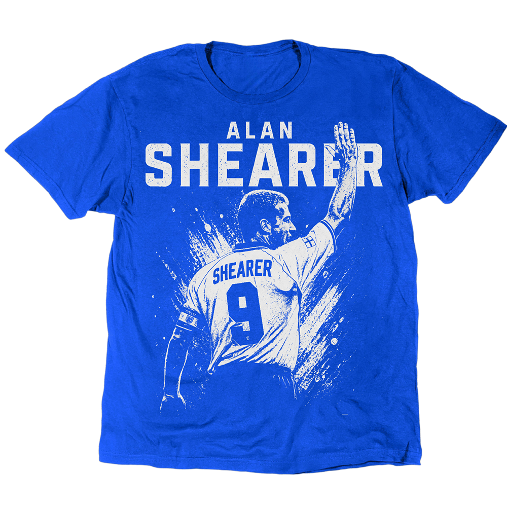 Alan Shearer T-Shirt mit einer Hand in der Luft