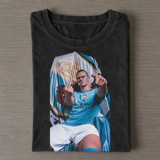 Haaland Man City Flag Graphic Vintage Print T-Shirt
