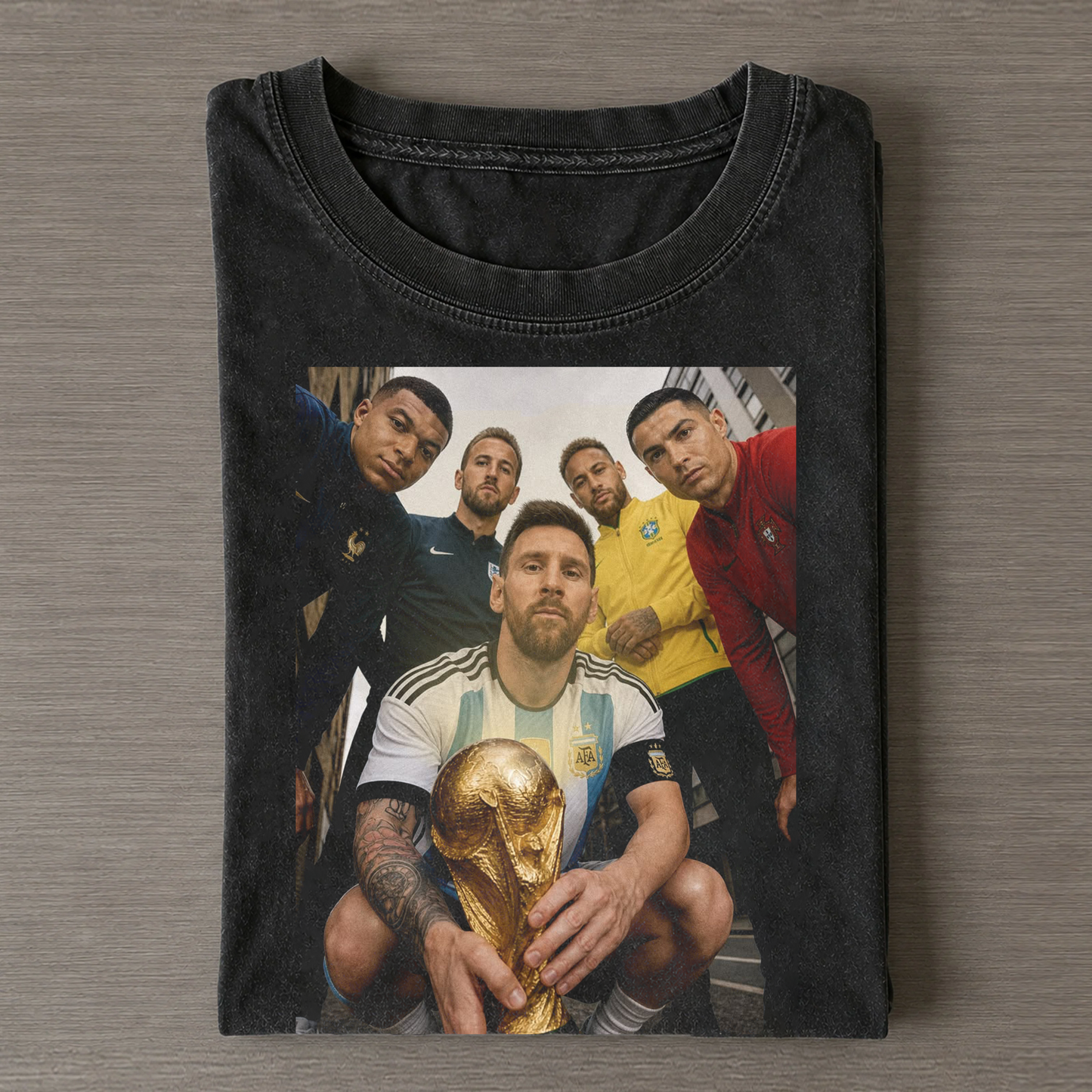 World Football Legends Messi Mbappe Kane Neymar Ronaldo Vintage Washed Tee
