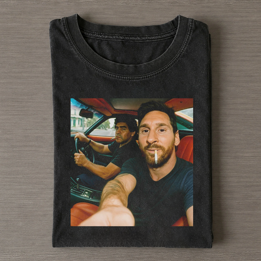 Messi & Maradona Retro Car Selfie Vintage Football Tee
