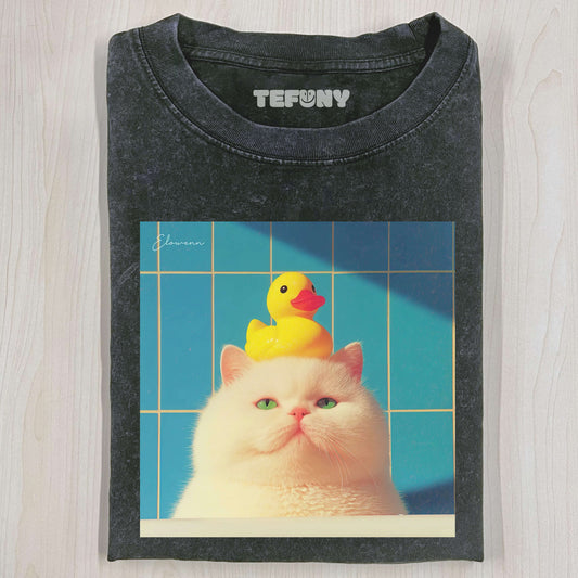CAT WITH DUCK ON HEAD T-SHIRT