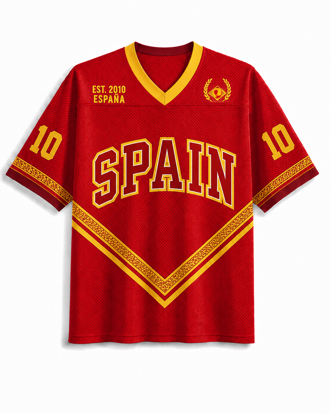 TheRetroTee Vintage Spanien Klassisches Rot-Gold Fußball-Mesh-Trikot
