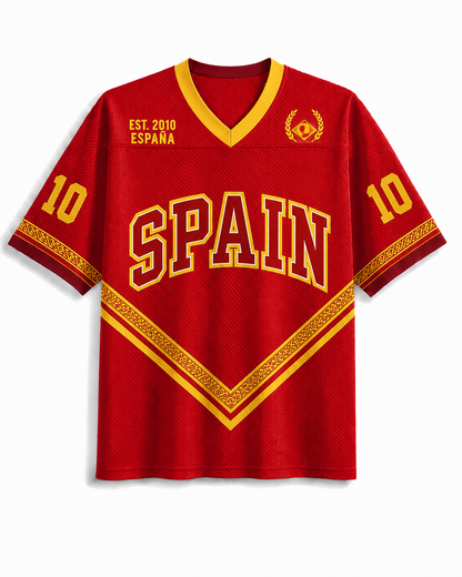 TheRetroTee Vintage Spanien Klassisches Rot-Gold Fußball-Mesh-Trikot