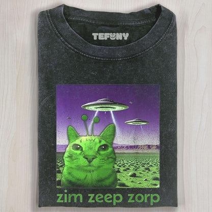 FUNNY ALIEN CAT MEME GRAPHIC T-SHIRT