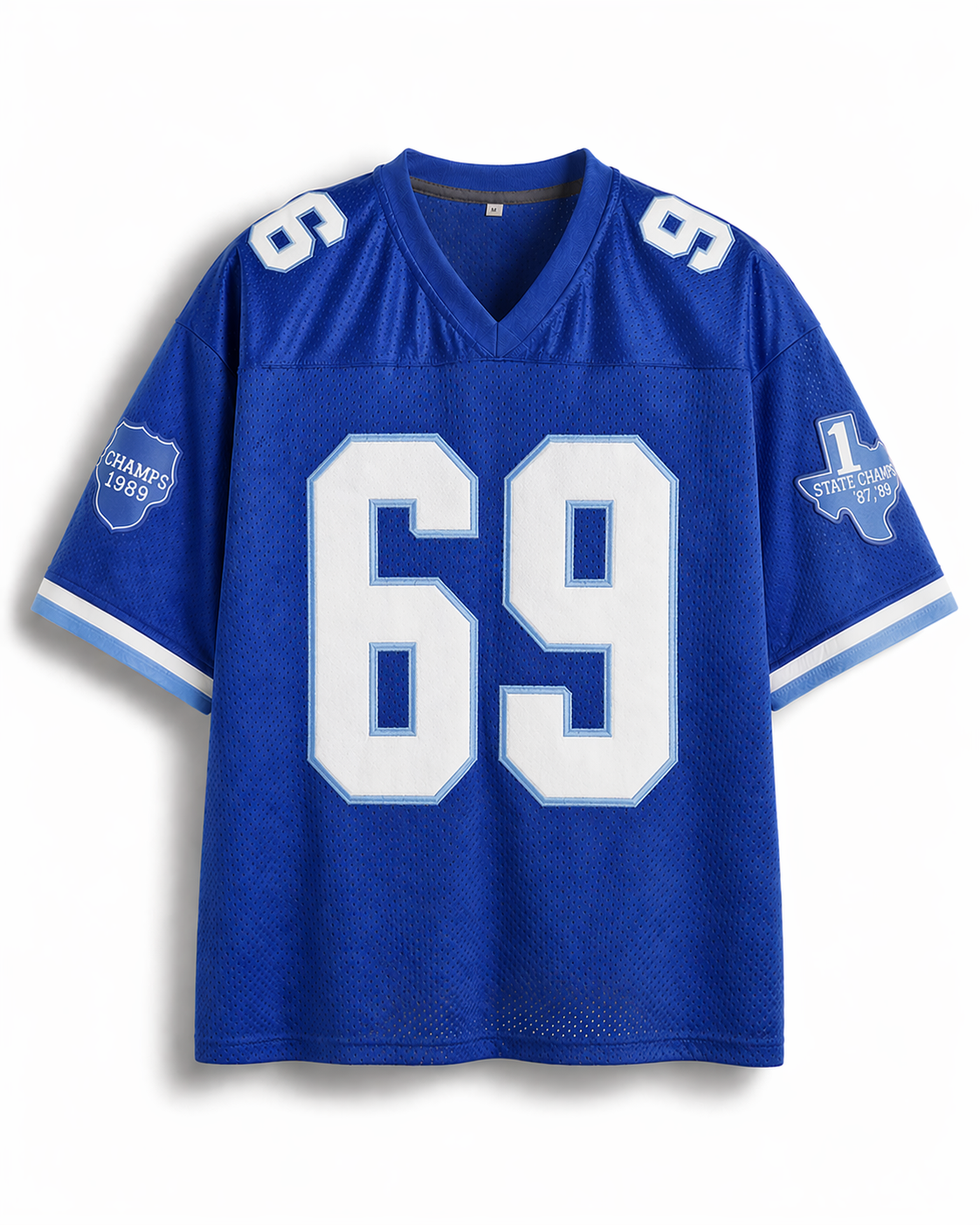 TheRetroTee 1990er Jahre Varsity Film-inspiriertes Retro #69 Blaues Fan-Football-Mesh-Trikot