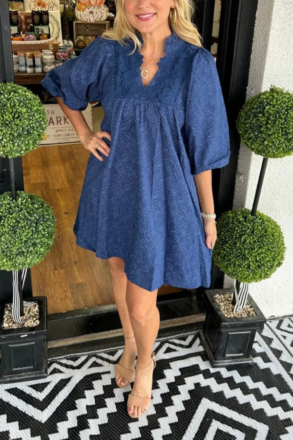 Women's Puff Sleeve Leaf Jacquard Mini Dress