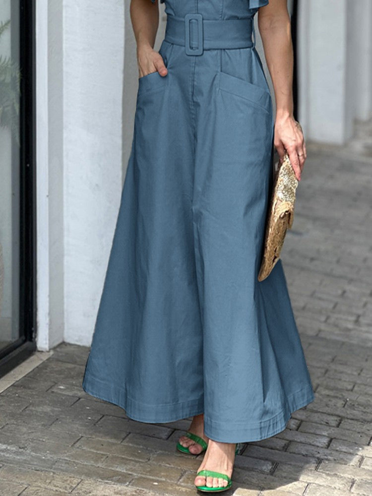 Fashion Solid Color Blouse Casual V Neck Ruffle Pocket Maxi Dress