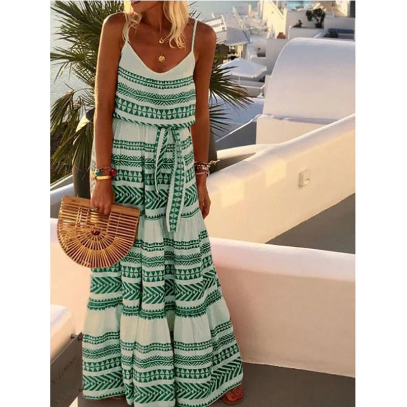 Women's Bohemian Style Fashion V Neck Printed Beach Sling Maxi Dress
