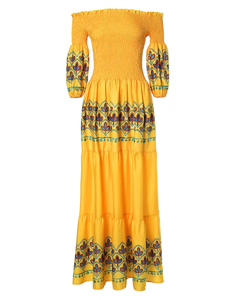 Stylish Bohemian Shoulder Balloon Sleeve Ruched Floral Print  Maxi Dress