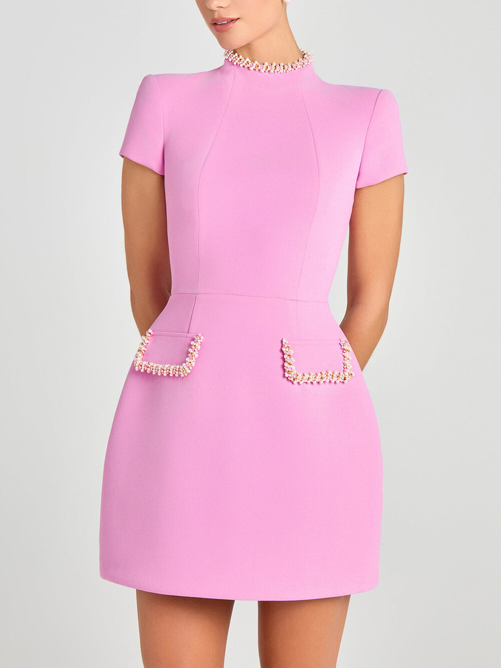 Elegant and Sweet Scent Pearl Trim Short Sleeve Pocketed Mini Dress