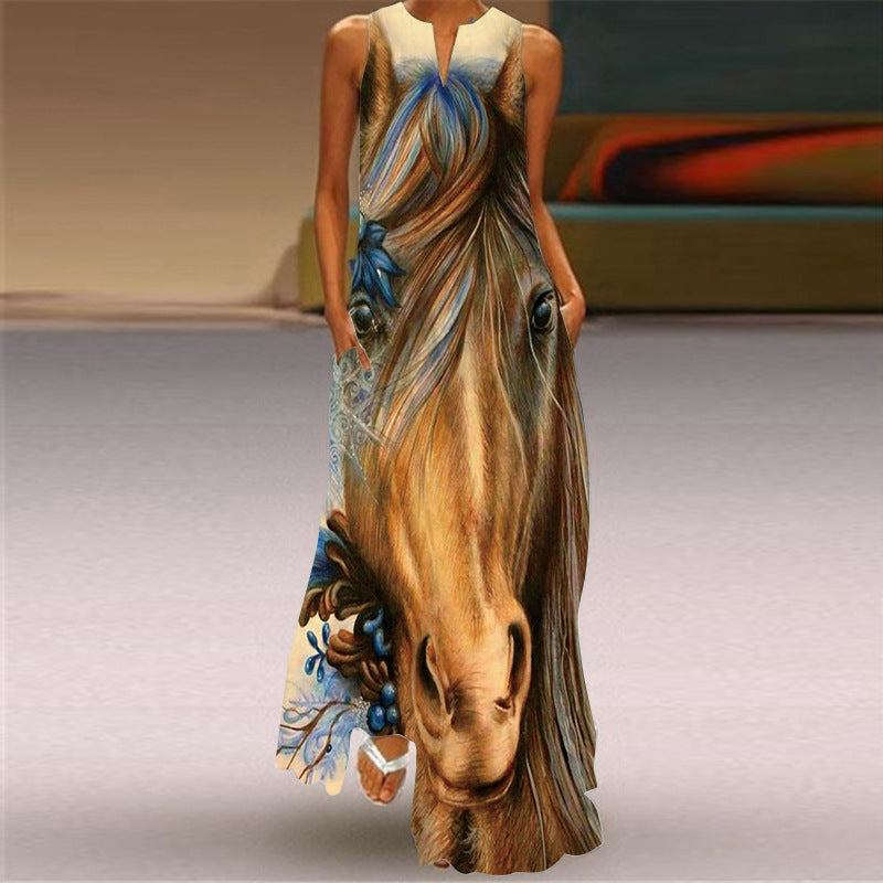 Women's Retro Print V-neck Multicolor Sexy Sleeveless  Maxi Dress