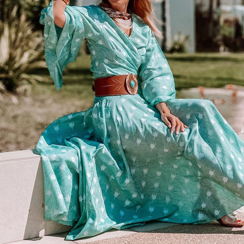Chic V Neck Bell Sleeve Bohemian Casual Print Vintage Elegant Holiday Party  Maxi Dress