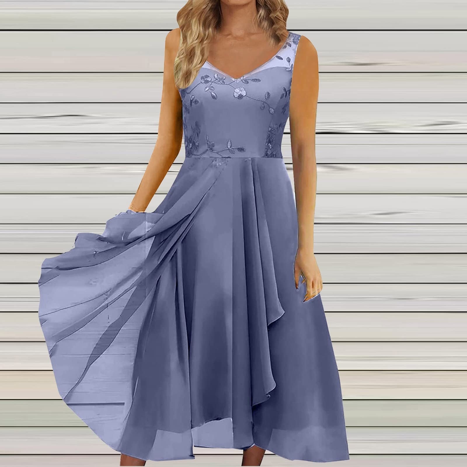 Women's Fashion Irregular Sleeveless V-Neck Mesh Embroidered Hollow Maxi Dress