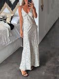 Classic Satin Polka Dot Print Open Back Ties Maxi Dress