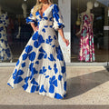 Summer Bohemian Elegant Party Fashion V Neck Long Sleeve Printed Maxi Dress