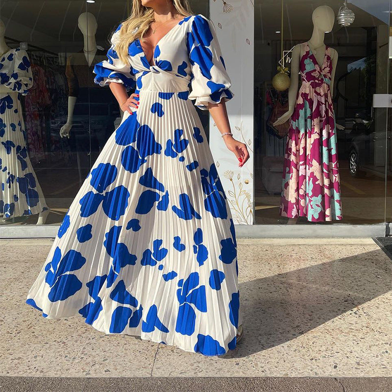 Summer Bohemian Elegant Party Fashion V Neck Long Sleeve Printed Maxi Dress