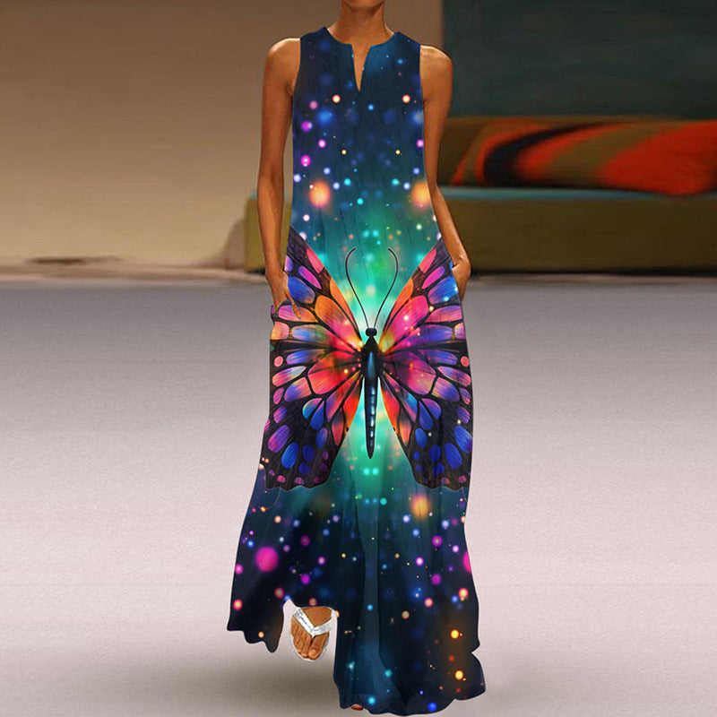 Summer Women Fashion Elegant Sleeveless V Neck Print Sexy Maxi Dress