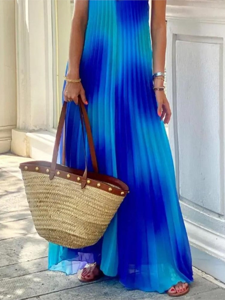 Pleated Fashion Beach Vacation Gradient Lace Sexy Sleeveless  Maxi Dress