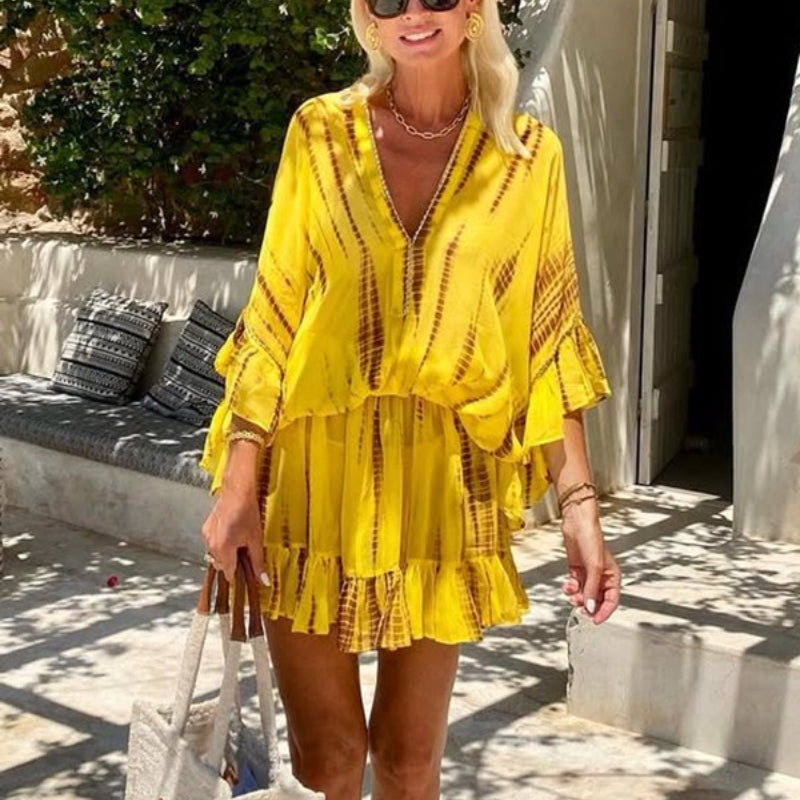 Women's Printed V-Neck Batwing Sleeve Chiffon Mini Dress