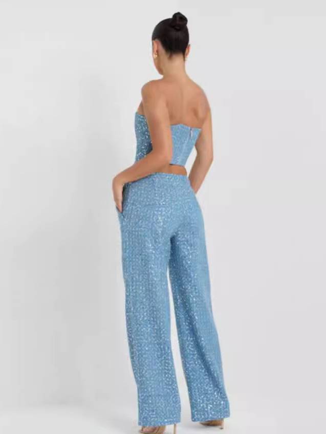 Denim Sequined Tube Top Wide-leg Pants Suit